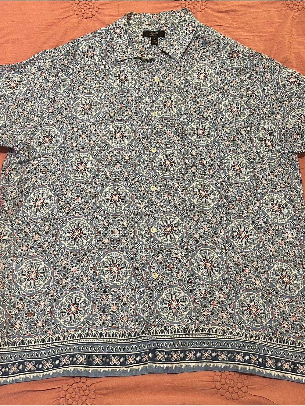 Men’s Club Room Luxury Linen Blue Patterned Short-Sleeve Button-Down Shirt